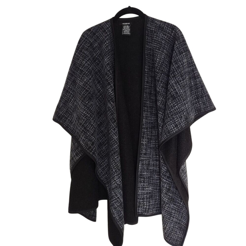 Ike Behar Womens Reversible Poncho Black Grey Crosshatch Pattern Open Front Wrap - Picture 2 of 8